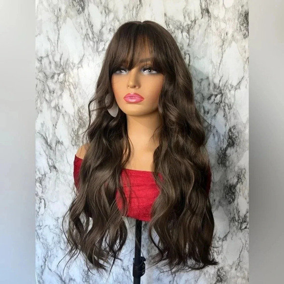 28 Inch Long Curly Wave Semi Natural Brown Wig with bangs - Picture 1 of 11